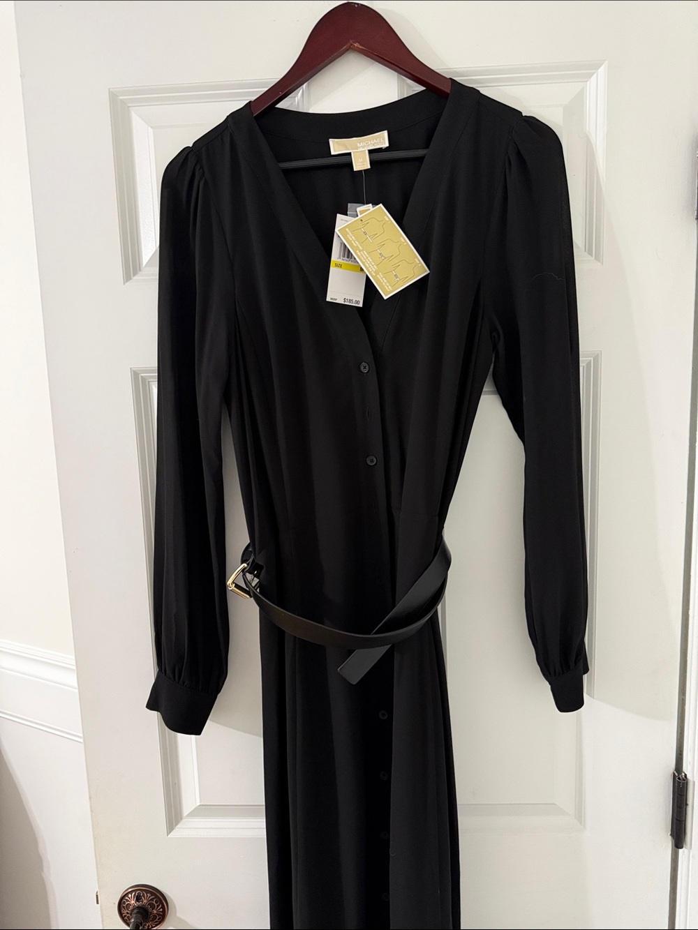 Michael Kors Black Long-Sleeve V-Neck Button Midi Dress with Belt
